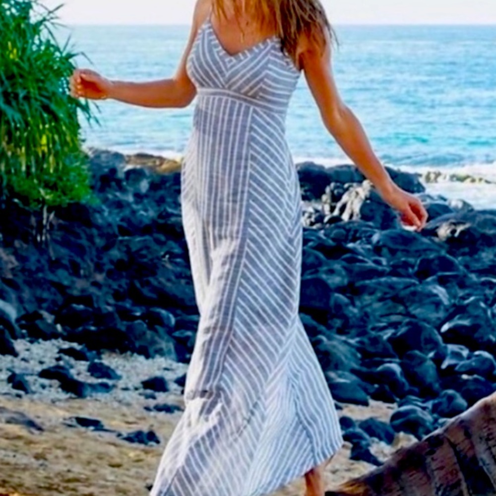 Athlete-Blue and White Striped Wayfare Maxi Dress